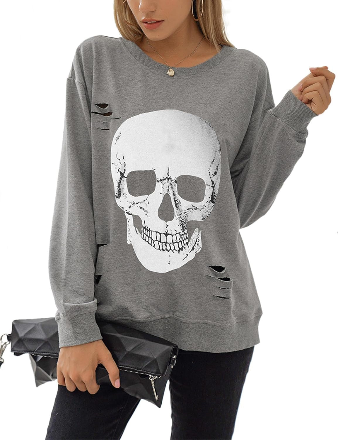 Women'S Halloween Sweatshirts Skull Graphic T Shirts Long Sleeve Pullover Tops Gothic Fall Clothes 2025
