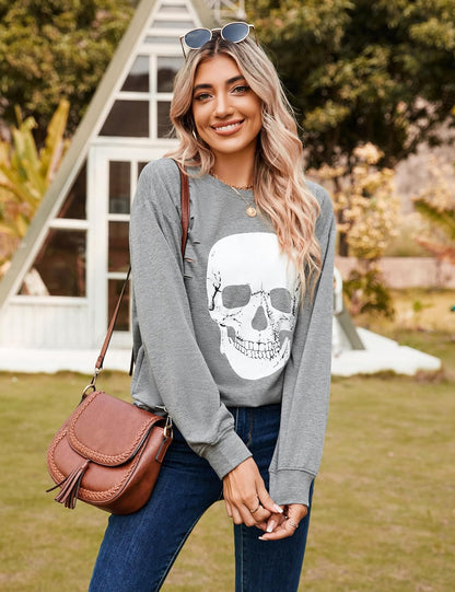 Women'S Halloween Sweatshirts Skull Graphic T Shirts Long Sleeve Pullover Tops Gothic Fall Clothes 2025