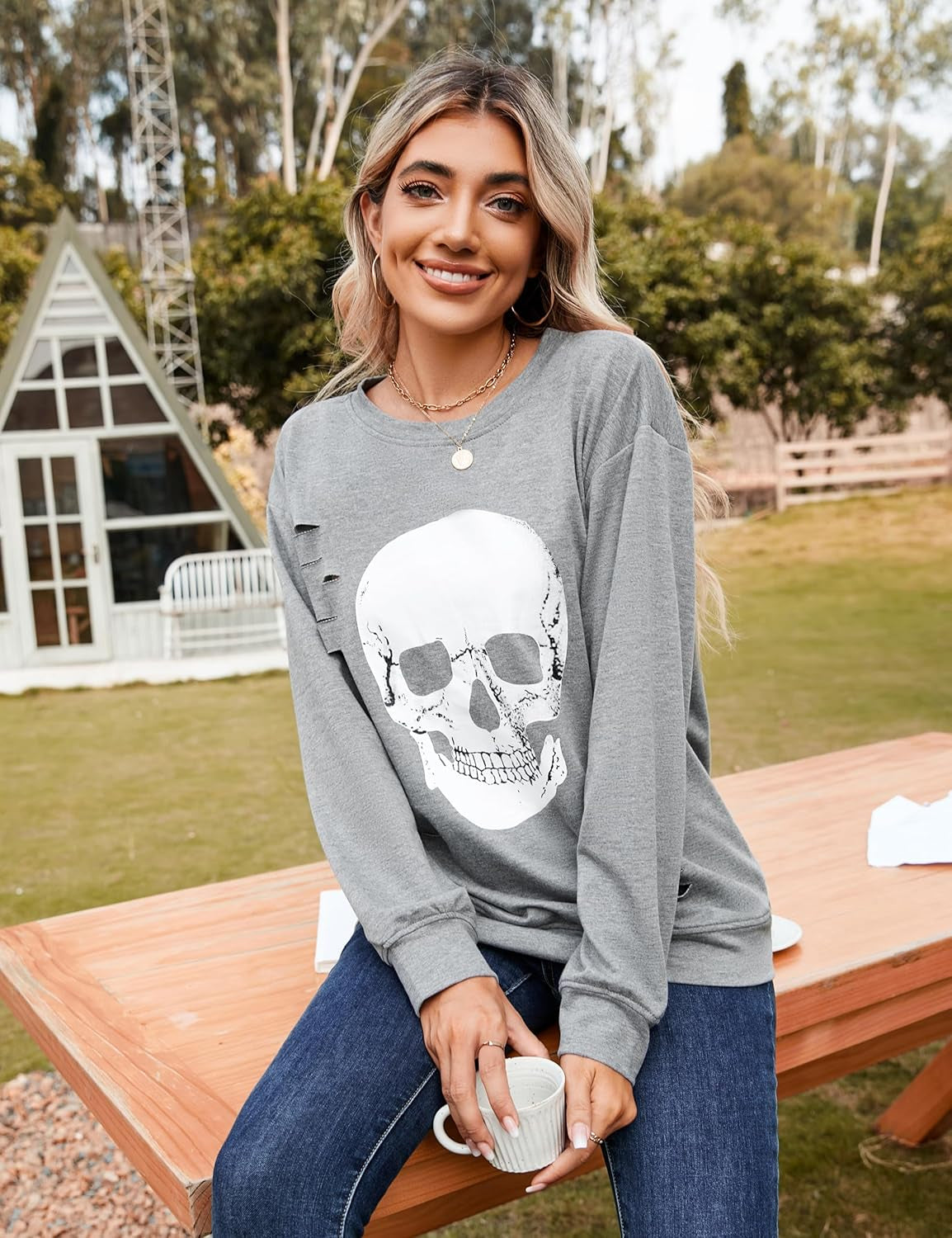Women'S Halloween Sweatshirts Skull Graphic T Shirts Long Sleeve Pullover Tops Gothic Fall Clothes 2025